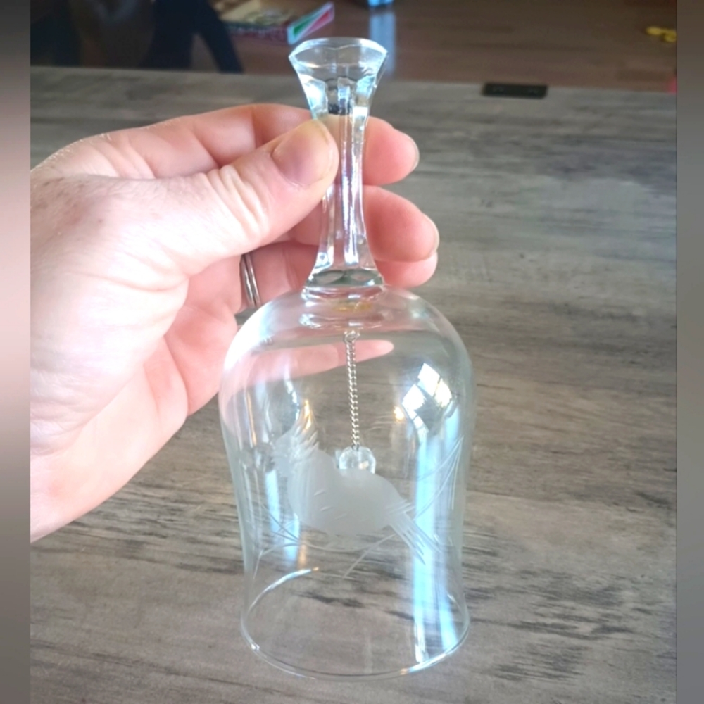 Corning NY Glass Bacalles Hand Cut Etched Glass Bell w/ Song Bird on Branch EUC